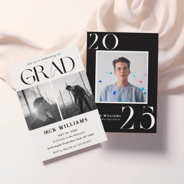 Convite Simples Moderno Preto e Branco, Festa de Graduação (Criador carregado)