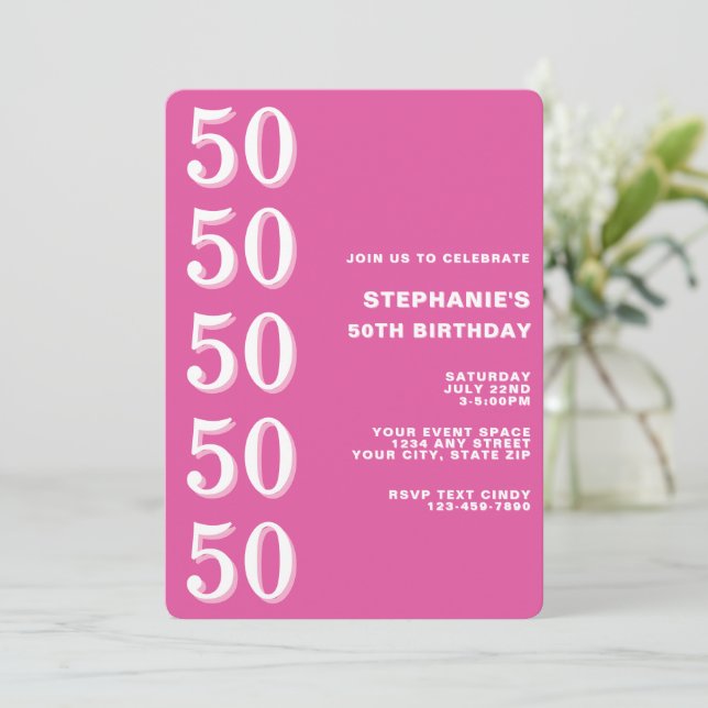 Convite Simples Moderno Rosa Aniversário de 50 anos Marco (Em pé/Frente)