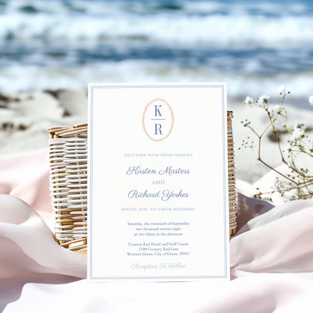 Convite Simples Monograma Náutico Azul e Branco Casamento (Simple nautical inspired wedding invitation with a couples monogram with fisherman rope details)