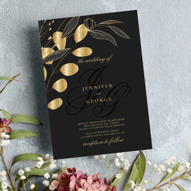 Convite Simples monograma preto monograma, iniciais florai (Simple black gold monogram initials floral wedding )