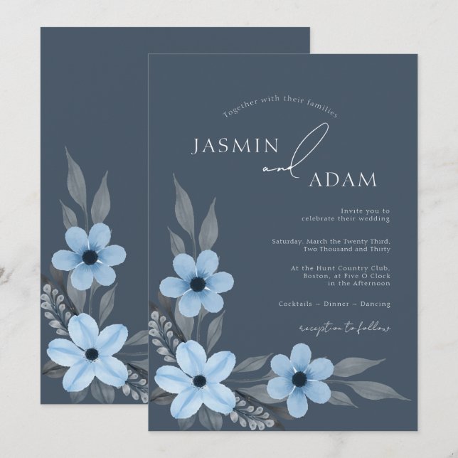 Convite Simples Opulência Floral Azul Real Casamento (Frente/Verso)