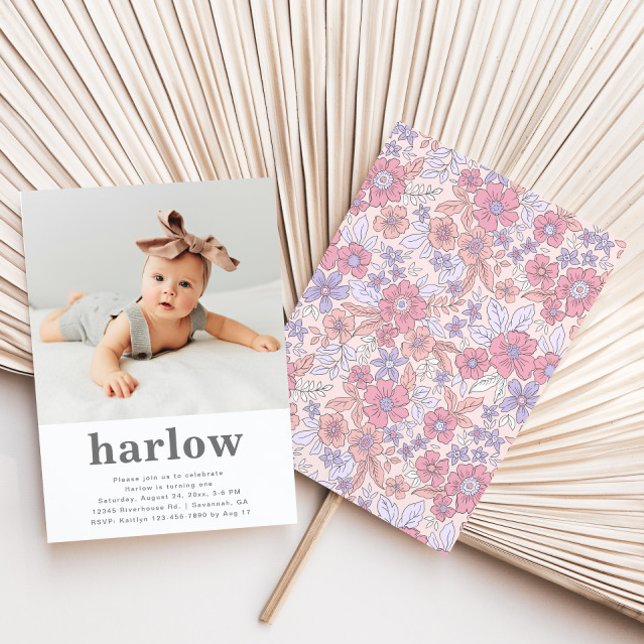 Convite Simples Para Aniversário De Foto | Floral (Criador carregado)