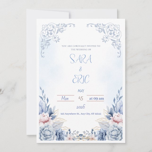 Convite Simples para Casamento Moderno Azul (Frente)