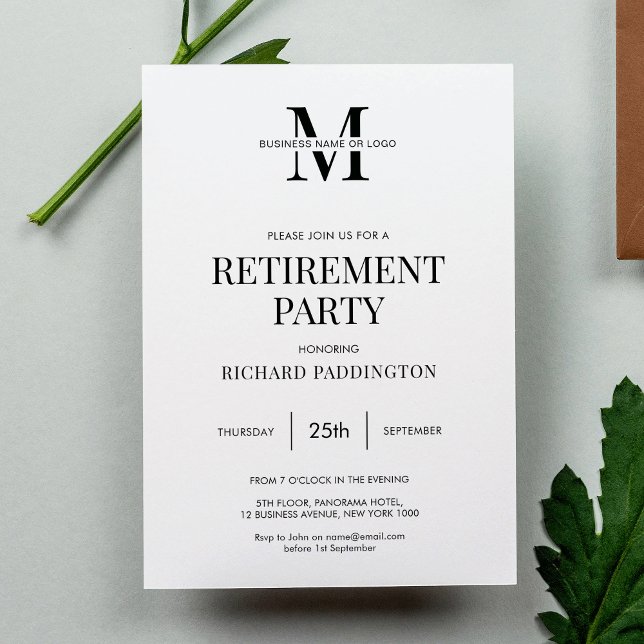 Convite Simples Partido da Reforma Preta e Branca (Minimalist simple black and white business retirement party invitation design)