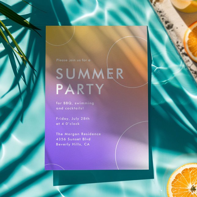 Convite Simples Partido dos Cocktail de Verão Moderno (Rox (bright, modern and colourful summer party invitation with purple to orange gradient. )