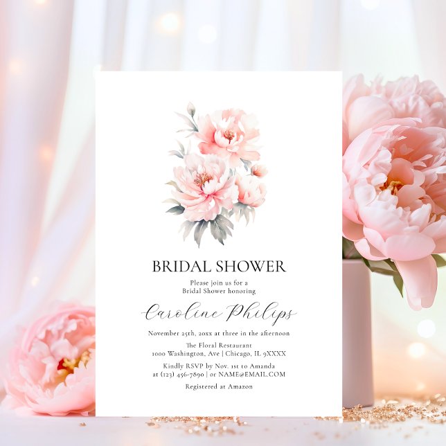 Convite Simples Pessoas Florais CHÁ DE PANELA Rosa Esmagad (Simple Floral Peonies Blush Pink BRIDAL SHOWER Invitation)