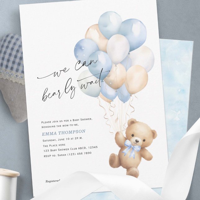 Convite Simples Podemos Esperar Chá Azul (Blue We Can Bearly Wait, Cute Teddy Bear Baby Boy Shower Invitation.)
