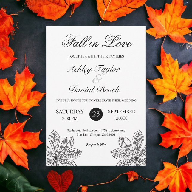 Convite Simples Preto e Branco Queda no Amor Casamento de  (Criador carregado)