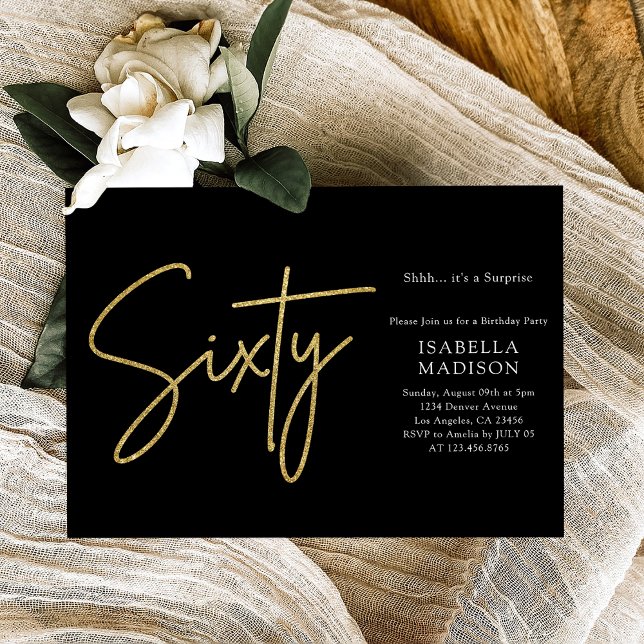 Convite Simples preto e Dourado brilhante 60º aniversário (Simple Black and Gold Glitter 60th Birthday Invitation
)