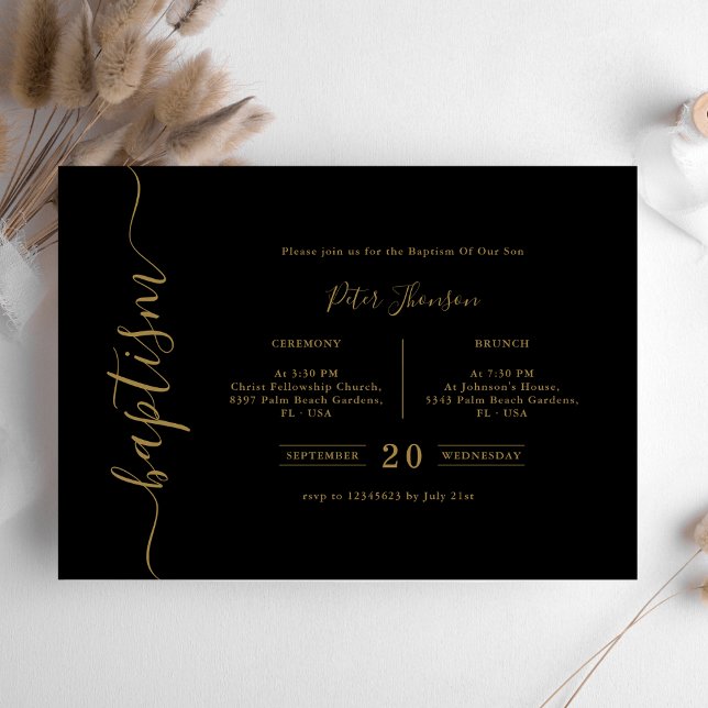 Convite Simples preto e Dourado Escrito Baptismo Gênero Ne (Criador carregado)