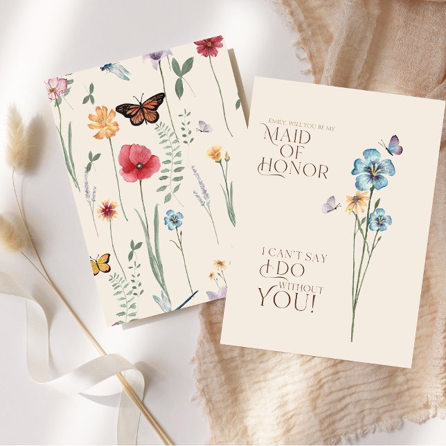 Convite Simples Proposta de Dama de Honra com Flor Silvest (Simple Blue Wildflower Wedding Maid of Honor Invitation)