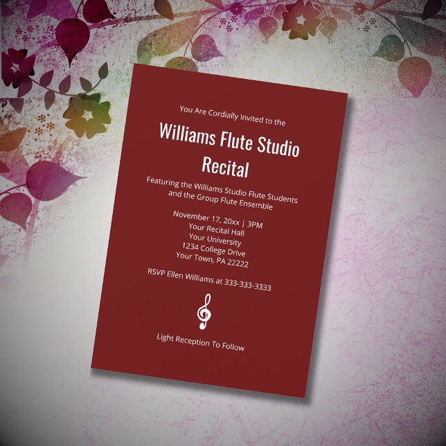 Convite Simples Red Treble Clef Flute Music Considerando (Criador carregado)