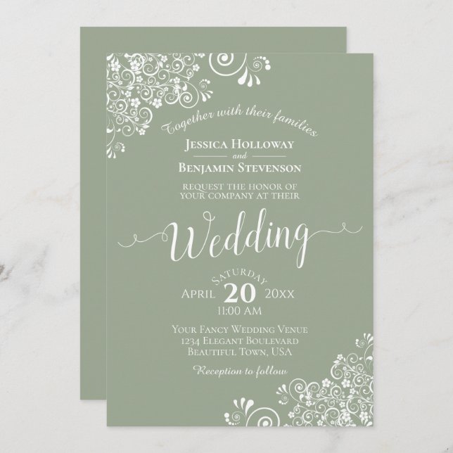 Convite Simples rendas brancas do legado no casamento verd (Frente/Verso)