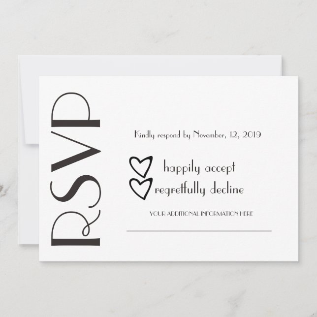 Convite Simples RSVP Coração Preto Branco Casamento (Frente)