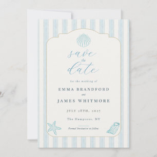 Convite Simples Save the Date de casamento azul concha mar
