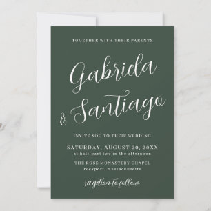 Convite Simples Script, Casamento Verde Escuro e Branco