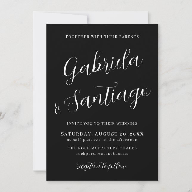 Convite Simples Script de Casamento Preto e Branco (Frente)