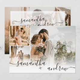 Convite Simples script minimalista branco 4 fotos casament