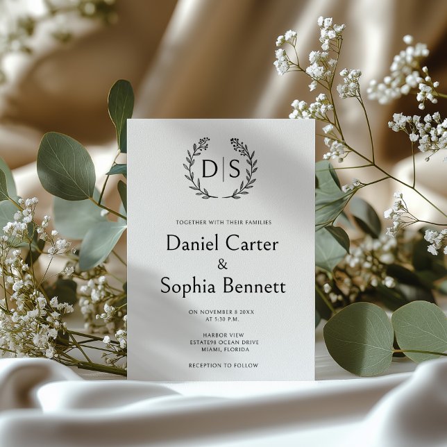 Convite Simples Sinais Florais Monogramas Wreath Casamento (Criador carregado)