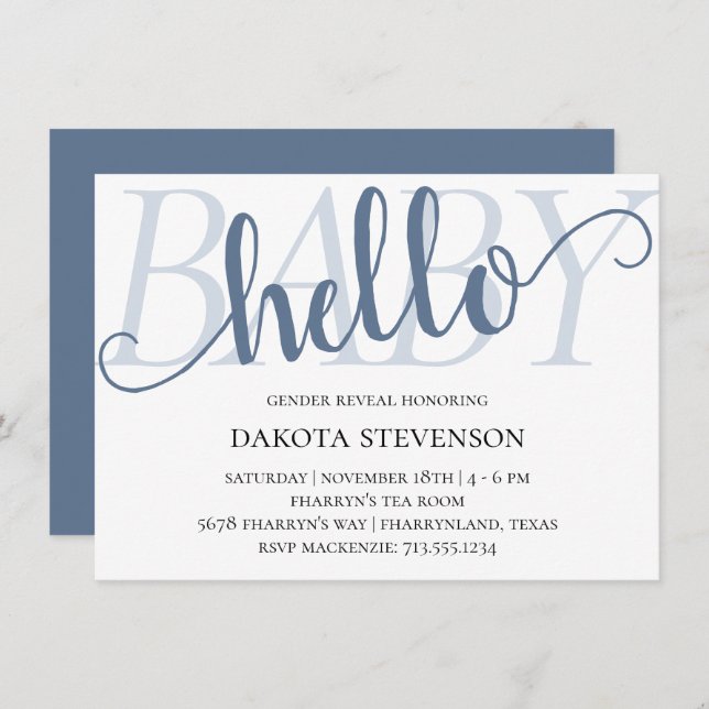 Convite Simples Slate Hello Baby | Chá de Script Azul Dust (Frente/Verso)