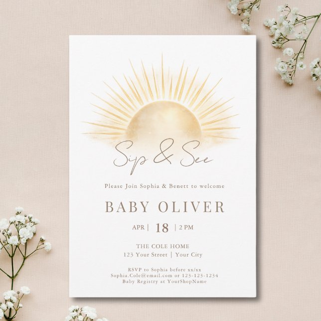 Convite Simples Sol Boêmio de Ouro Beba e Veja (Criador carregado)