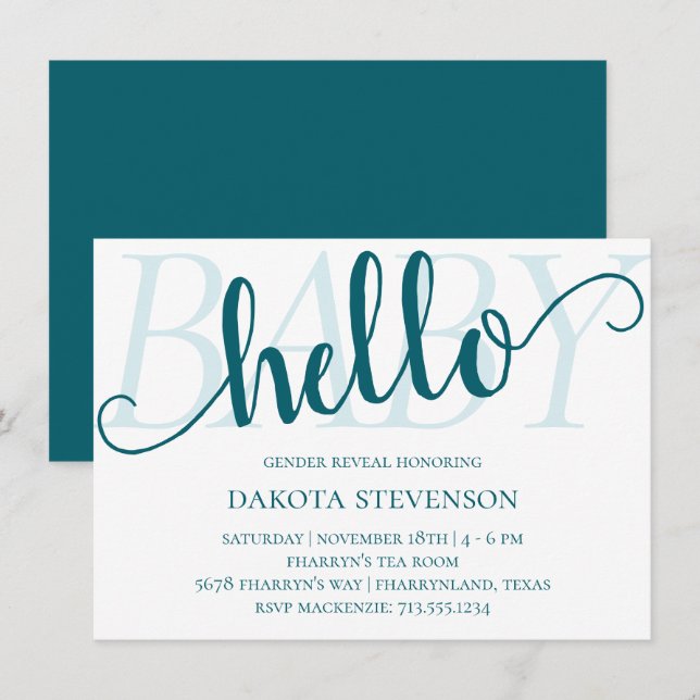 Convite Simples Teal Hello Baby | Azul-Verde Escuro (Frente/Verso)