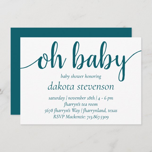 Convite Simples Teal Oh Baby | Script Flourish Azul-Verde (Frente/Verso)