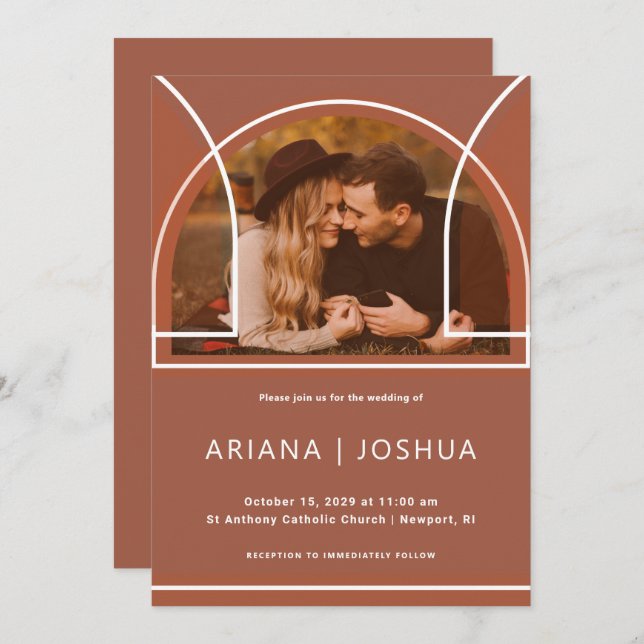 Convite Simples Terracotta Buquê Botânico com Monogramas (Frente/Verso)