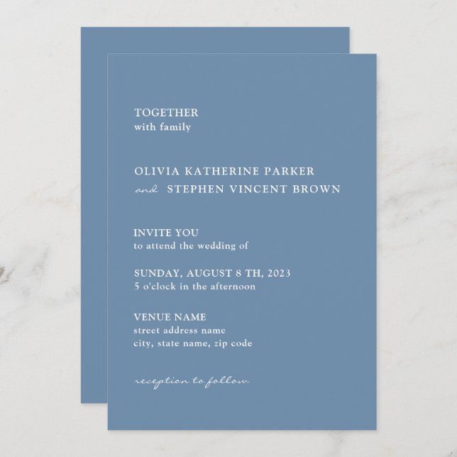 Convite Simples tipografia azul Dusty Casamento moderno (Frente/Verso)