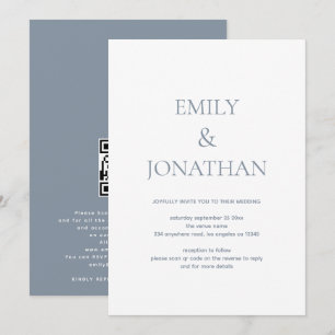Convite Simples Tipografia Dusty Blue Código QR Casamento