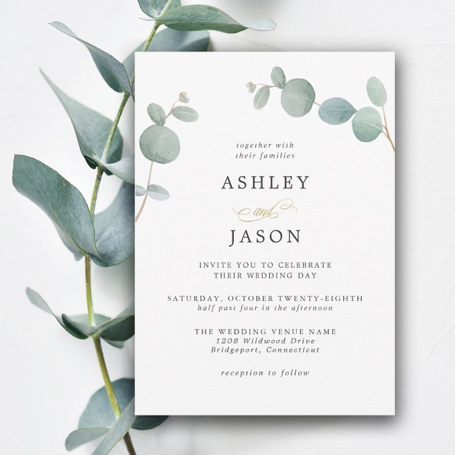 Convite Simples Verde Elegante Eucalyptus Deixa Casamento (This simple eucalyptus leaves wedding invitation is perfect for weddings in any season of the year.
)