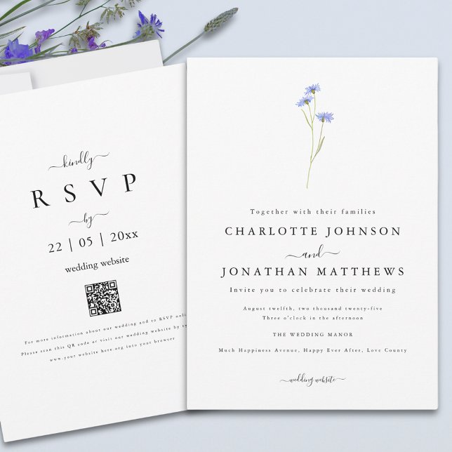 Convite Simples Wildflower Elegant Script QR code Casament (Minimalist wildflower elegant boho wedding qr code invitation )