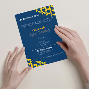 Convite Simplesmente Padrão Azul Amarelo, Aqiqah Churrasco