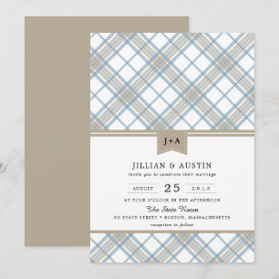 Convite Simplesmente Xadrez Azul e Bege com Casamento de M