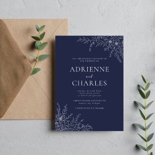 Convite Simplicidade Floral 1 Azul Marinho Escuro Casament