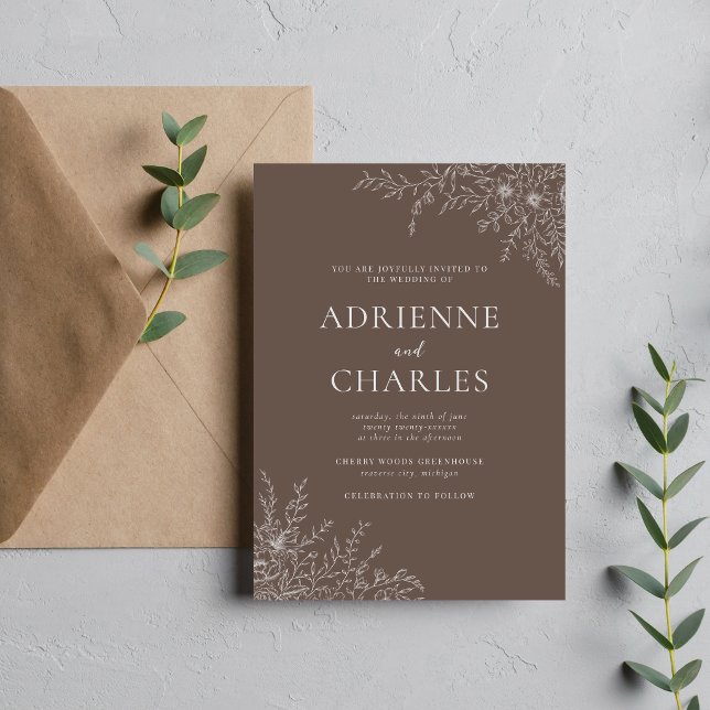 Convite Simplicidade Floral 1 Marrom Cogumelo Casamento Mi (Criador carregado)