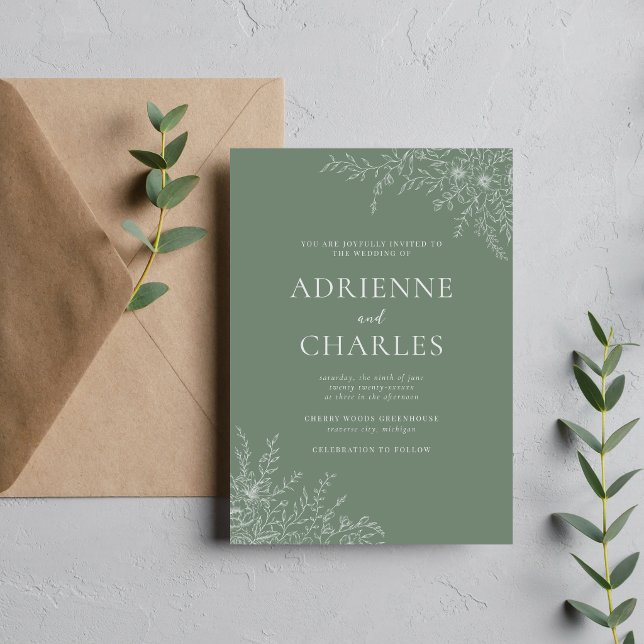 Convite Simplicidade Floral 1 Verde Empoeirado Casamento M (Criador carregado)