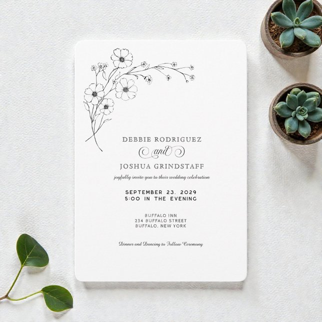 Convite Simplistic Black White Floral Wedding Invitation  (Criador carregado)