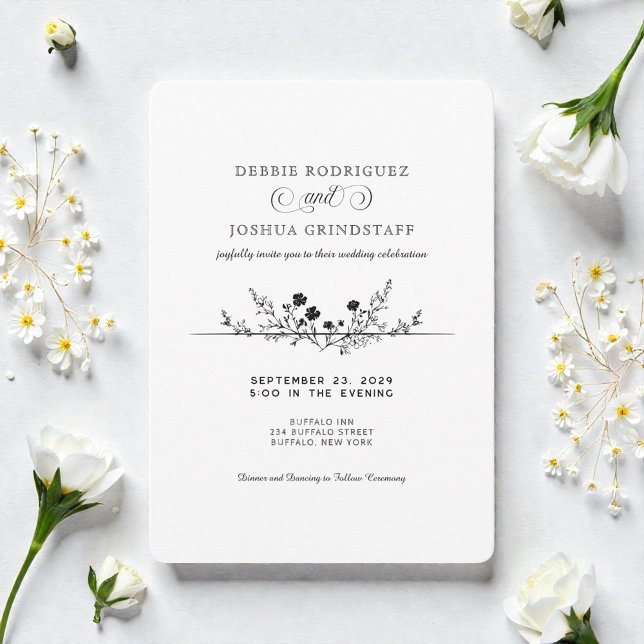 Convite Simplistic Black White Floral Wedding Invitation  (Criador carregado)
