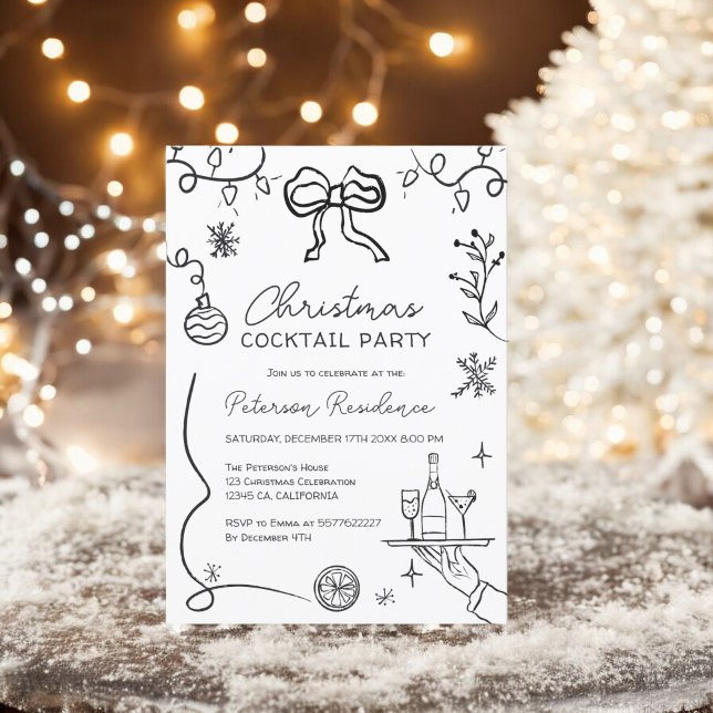 Convite Simulação branca e trêmula de Natal Cocktail (Quirky black white illustration Christmas Cocktail Invitation)