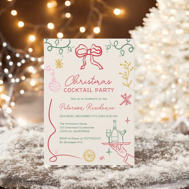 Convite Simulação verde Quirky boho Cocktail (Quirky boho green illustration Christmas Cocktail Invitation)