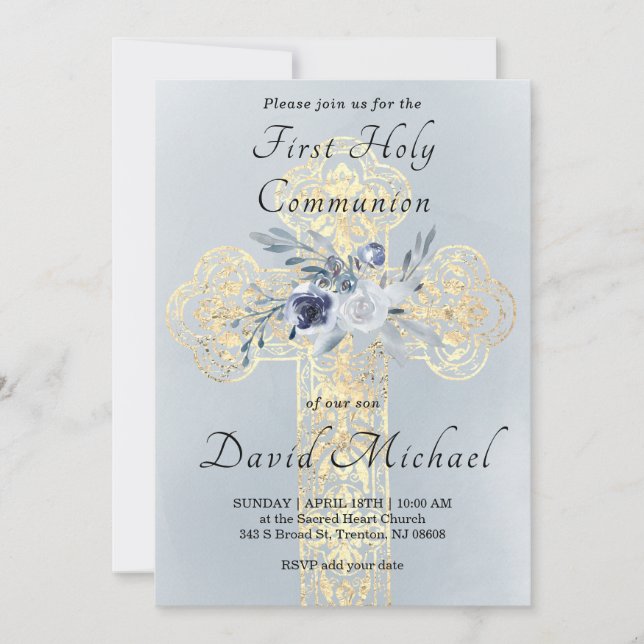 Convite simulated gold foil Holy Cross First Communion (Frente)