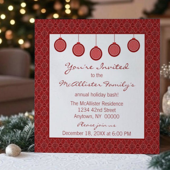 Convite Sinais clássicos de pedido de indenização, vermelh (Red Simply Classic Damask Ornaments Christmas Party Invitation)