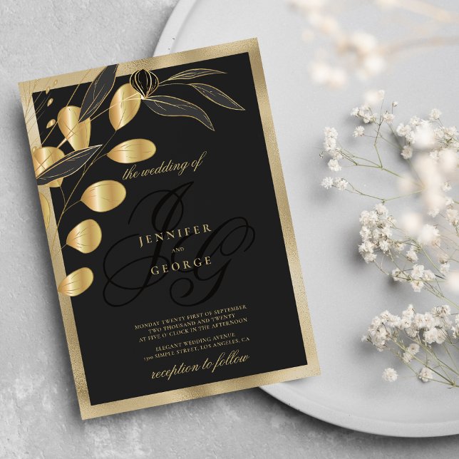 Convite Sinais de monograma em ouro preto-branco, casament (Glam black gold monogram initials floral wedding)