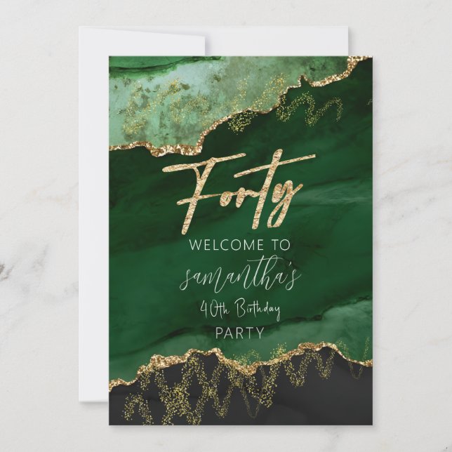 Convite Sinal de 40º Aniversário Esmeralda Verde e Dourado (Frente)