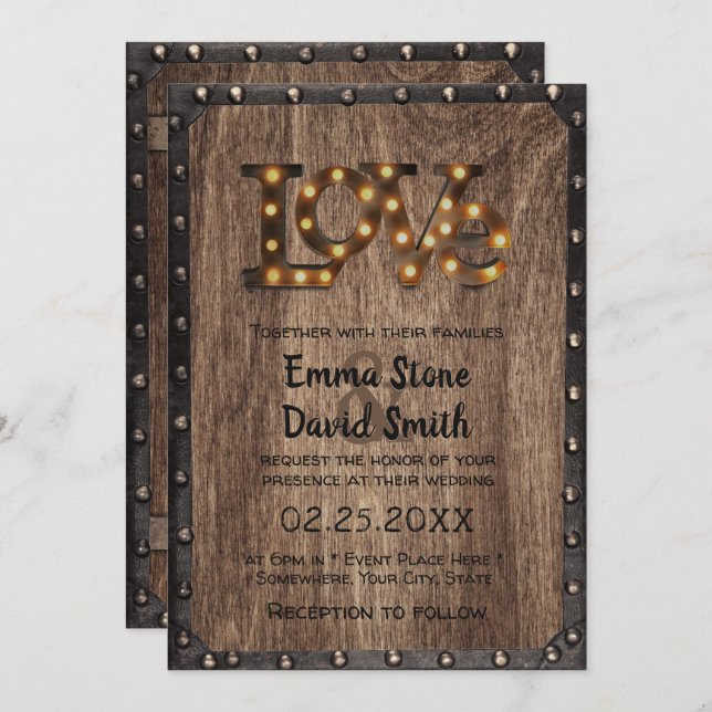 Convite Sinal de Amor Industrial Rustic Metal & Wood (Frente/Verso)