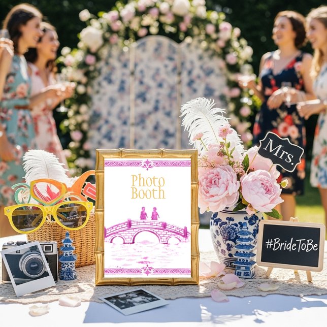 Convite Sinal de cabine de fotos da Ponte Elegante Rosa (Pink Elegant Bridge Photo Booth Sign)