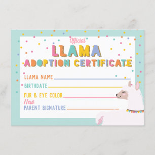 Convite Sinal de Certificado de Adoção Llama