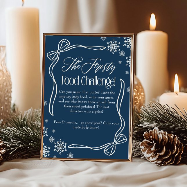 Convite Sinal de Desafio de Comida Azul de Bebê Arco conge (Frosty Bow Blue Baby Food Challenge Game Sign)