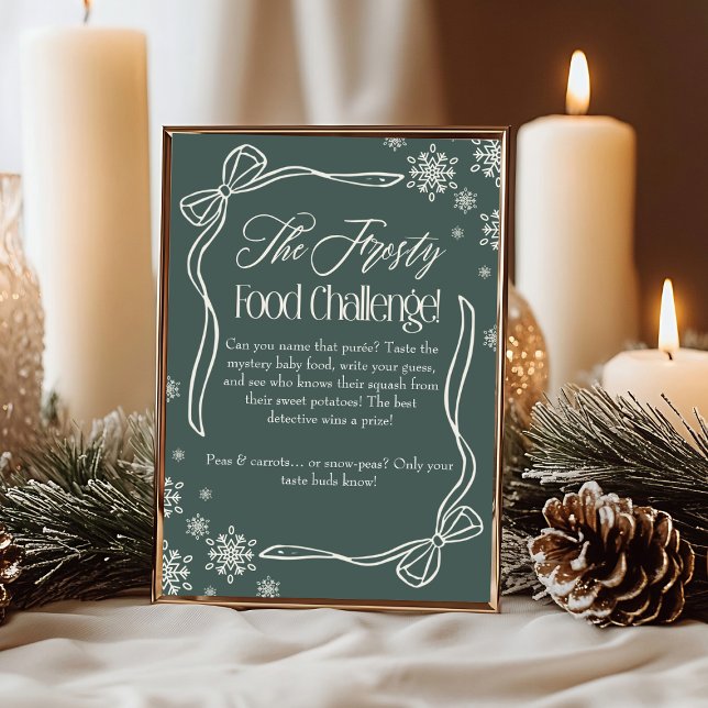 Convite Sinal de Desafio de Comida Verde de Bebê Arco cong (Frosty Bow Green Baby Food Challenge Game Sign)